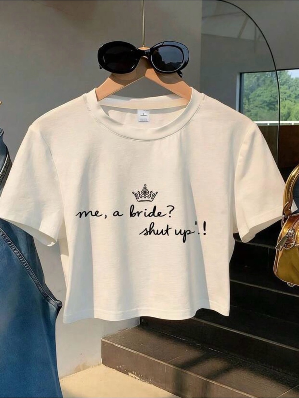 Graphic Crop Tee - White "me, a bride? shut up!"